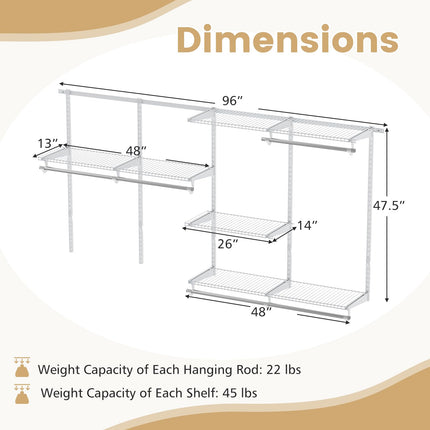 Dreamade Closet Organizer System 4-8 FT Wall-Mounted Closet Shelves and Rod