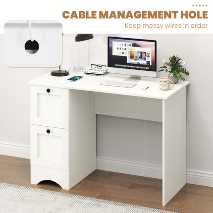 Dreamade White Desk with 2 Drawers, 43” Wooden Home Office Desk with Charging Station