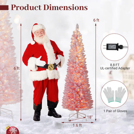 Dreamade 6ft / 7ft Pink Slim Pencil Christmas Tree | Pre-lit Snow Flocked Artificial Skinny Xmas Tree