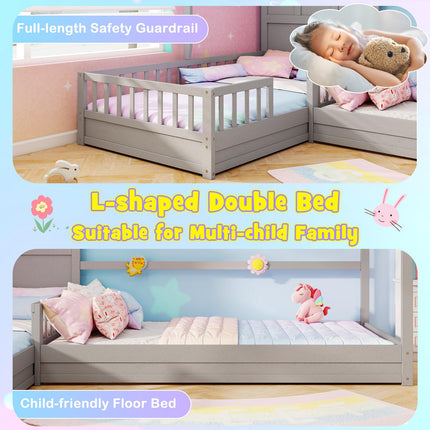 Dreamade Double Twin Beds for Kids, House L-Shaped Platform Beds with Window & Fences