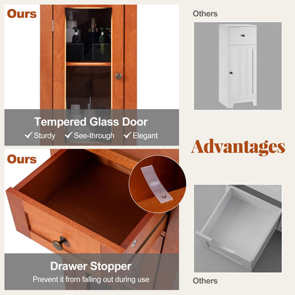 Dreamade Small Bathroom Storage Cabinet, Freestanding Narrow Bathroom Cabinet with Single Glass Door, Drawer