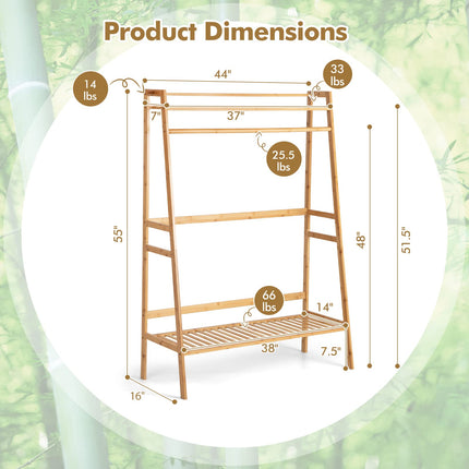 Dreamade 3 Tier Bamboo Clothing Rack with Shelves, Heavy Duty Freestanding Clothes Organizer Rack with Coat Hooks