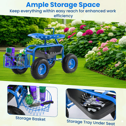 Dreamade Garden Cart, 4-Wheel Gardening Workseat with Storage Basket