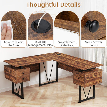 Dreamade L Shaped Desk with Drawers, 59” Large Computer Desk with Power Outlet