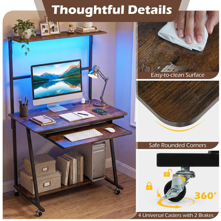 Dreamade 31.5" Small Computer Desk with Charging Station & LED Lights