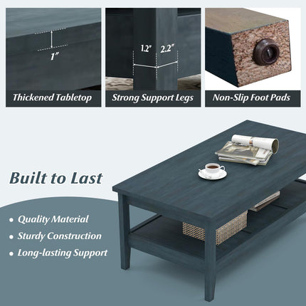 Dreamade Farmhouse Coffee Table Rustic Cocktail Center Table with Thickened Tabletop