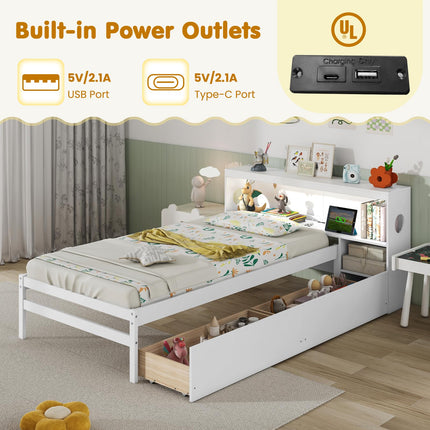 Dreamade Wood Twin Bed Frame with Storage Drawer & Headboard, Modern Platform Bed with Charging Station & LED Light