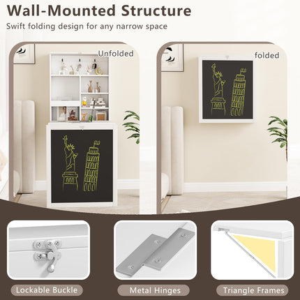 Dreamade Foldable Wall Mounted Desk with Storage Shelves Hooks & Chalkboard