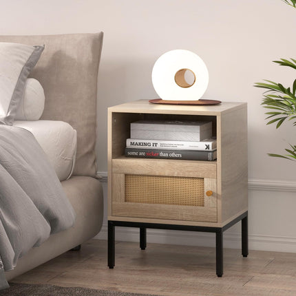 Dreamade Rattan Nightstand, Boho Night Stand with Open Storage Shelf & Rattan Decorative Door
