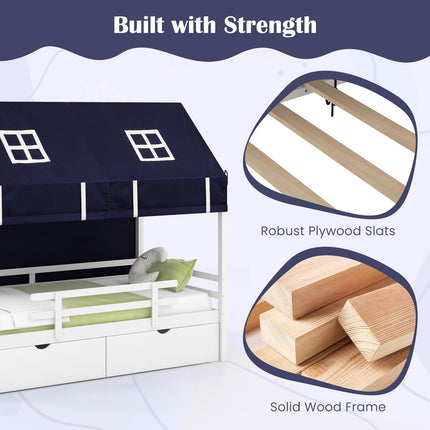 Dreamade Twin House Bed with Tent, Wood Kids Bed with 2 Storage Drawers, Solid Wood Daybed Frame with Rails and Roof