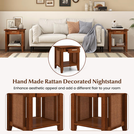 Dreamade Rattan Nightstand with Drawer, Mid Century End Table with Storage Shelf, Sofa Side Table with Solid Rubber Wood Legs