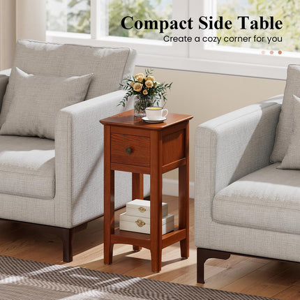 Dreamade Narrow End Table with Drawer 23.5" H Side Table w/Open Storage Shelf & Solid Wood Frame