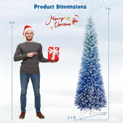 Dreamade 6 FT Blue Gradient Snow Flocked Christmas Tree, Artificial Unlit Hinged Xmas Full Tree with 435 Lush Branch Tips