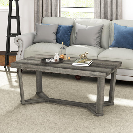 Dreamade Farmhouse Wood Coffee Table with Cross-Shaped Base & Rubber Wood Frame