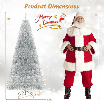 Dreamade 6ft Pre-lit Silver Pencil Christmas Tree, Artificial Tinsel Electroplated Tree, Decor for Home