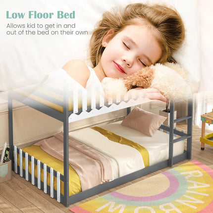 Dreamade Bunk Bed Twin Over Twin, Wood House Low Bunk Bed with Ladder & Fence Safety Guardrail