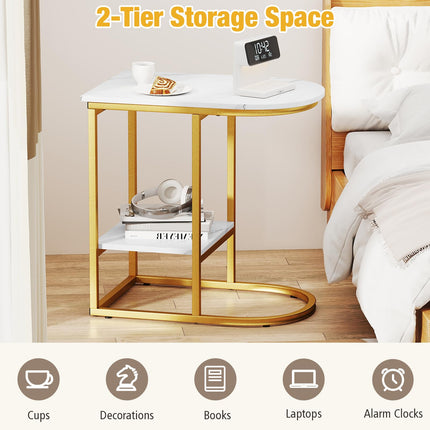Dreamade C Shaped End Table with Faux Marble Tabletop and Storage Shelf