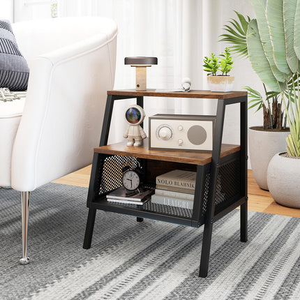 Dreamade Industrial Nightstand 3-Tier End Table with 2 Open Shelves and Metal Mesh Compartment