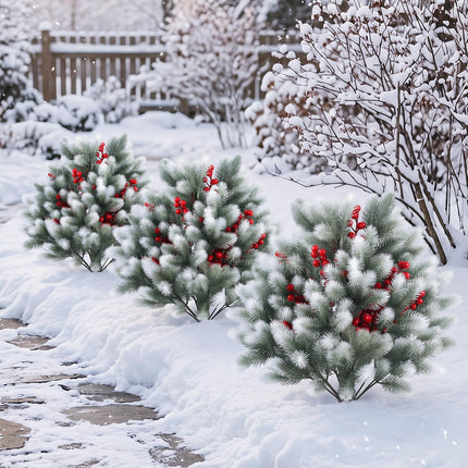 Dreamade 27.5" Faux Pine Needle Bushes with Ground Spikes | Artificial Cedar Topiary Ball Trees Set of 2