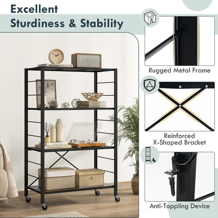 Dreamade 4-Tier Folding Storage Shelf, Collapsible Shelving Unit w/Lockable Wheels & Adjustable Shelf