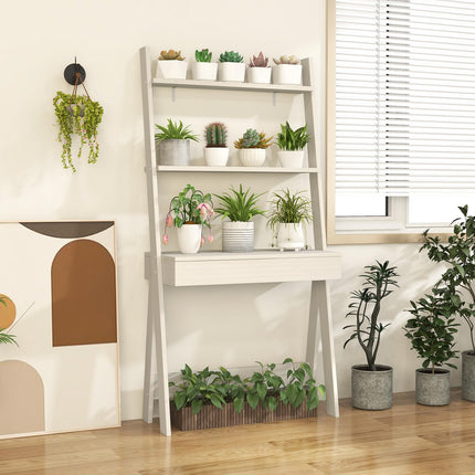 Dreamade 3 Tier Ladder Desk with Drawer, 33’’ Width Ladder Shelf with Anti-tipping Device, Freestanding Bookshelf
