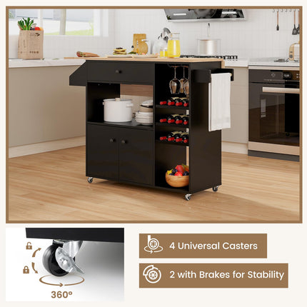 Dreamade Rolling Kitchen Island Cart with Drop Leaf, Power Outlet, Spice Rack, 12 Wine Rack