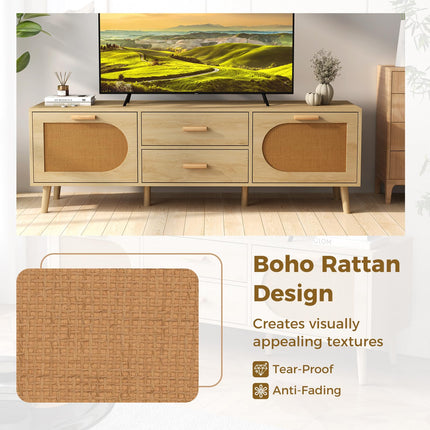Dreamade Rattan TV Stand for TVs up to 65 Inch, 59" TV Console Cabinet with Drawers & Solid Wood Legs