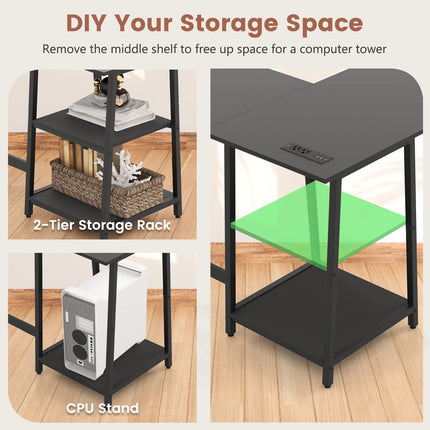 Dreamade L Shaped Desk with Power Outlets & USB Ports, 48" Corner Gaming Desk with 2 Tier Storage Shelves