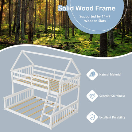 Dreamade Twin Over Full House Bunk Bed, Floor Low Bunk Bed Frame w/Integrated Ladder & Safety Guardrails