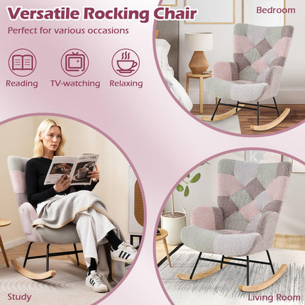 Dreamade Rocking Chair Nursery Teddy Upholstered Glider Rocker w/Ergonomic High Backrest