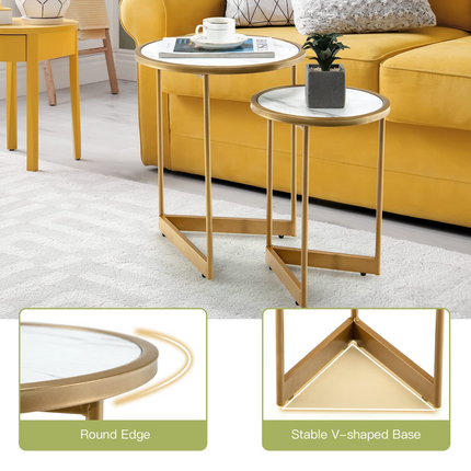 Dreamade Round Nesting Table Set of 2, Modern Marble Texture Coffee Tables