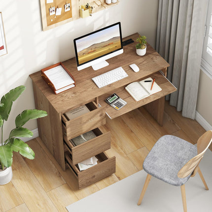 Dreamade Computer Desk with Power Outlet, Modern Office Desk with Keyboard Tray & 3 Large Drawers