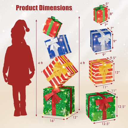 Dreamade Lighted Gift Boxes, Set of 4 Stackable Pre-lit Box Decorations with Warm White LED Lights & Pre-Assembled Ribbons
