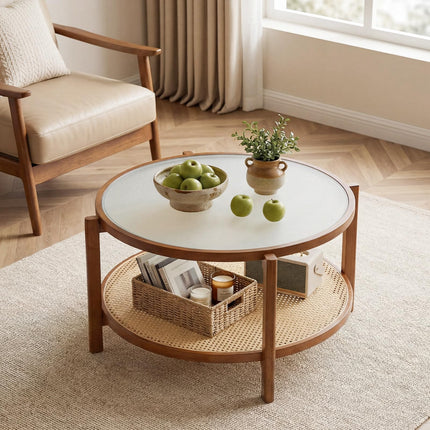 Dreamade 35" Rattan Farmhouse Glass Center Table with Storage