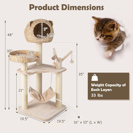 Dreamade Wooden Cat Tree, 48 inches Cat Tower with Cattail Condo, Cat Bed, Hammock, Rotatable Jingling Balls