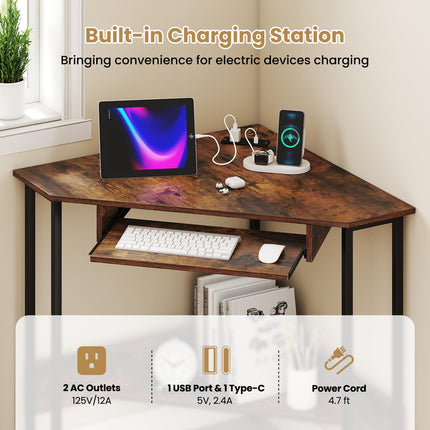 Dreamade Small Corner Desk with Charging Station with Keyboard Tray & Storage Shelf
