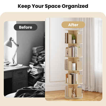 Dreamade 5-Tier Rotating Bookshelf 360° Display Rack w/Dividers & Anti-Falling Baffles