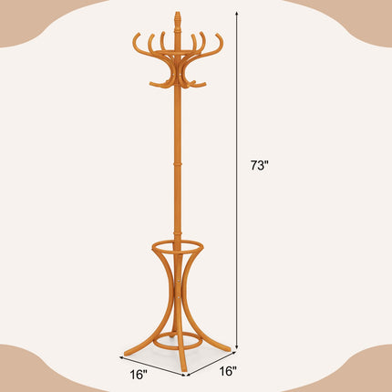 Dreamade Solid Wood Coat Rack, Freestanding Hall Tree w/12 Hooks, Umbrella Holder, Entryway Hanger Stand for Coat