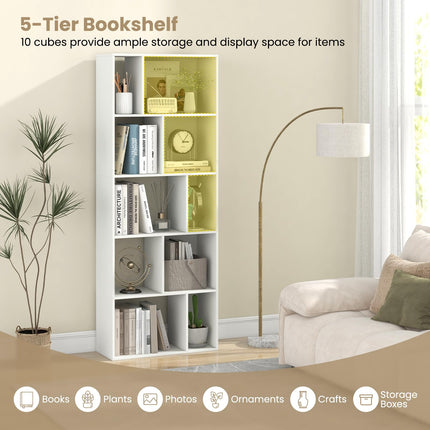 Dreamade 5-Tier Geometric Bookshelf, 63" Modern Tall Bookcase, 10-Cube Storage Organizer