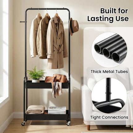 Dreamade Heavy-Duty Rolling Clothes Rack with 2 Storage Baskets & Side Hooks