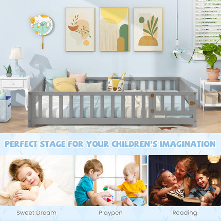 Dreamade Full Size Floor Bed for Kids, Montessori Floor Bed with Wood Slats & Safety Guardrails