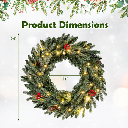 24” Pre-lit Christmas Wreath Front Door Artificial Xmas Wreath with 90 Frosted Branch Tips