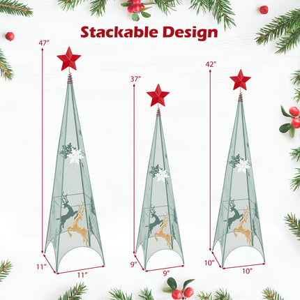Dreamade Set of 3 Tower Shaped Christmas Trees (3ft/3.5ft/4ft), Artificial Xmas Metal Trees with Removable Star Toppers & Reindeer