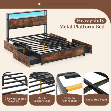 Dreamade Queen/Full Size LED Bed Frame with Charging Station & 4 Storage Drawers