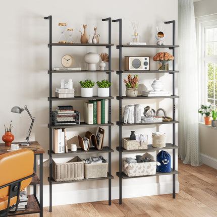 Dreamade 6-Tier Ladder Shelf, 72" Wall Mounted Bookshelf with Metal Frame, Industrial Open Storage Shelves