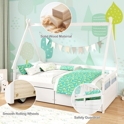 Dreamade Twin Bed with 2 Storage Drawers, Wood Montessori House Tent Bed Frame with Safety Guardrail