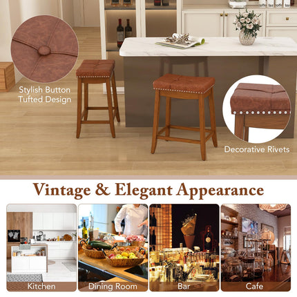 Dreamade Bar Stools Set, 25" Counter Height Bar Stools w/Saddle Seat, Footrest, Rivet, Button Tufted, Rubber Wood Frame