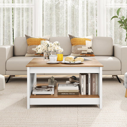 Dreamade 2-Tier Square Center Table for Living Room with Fence Design
