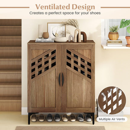 Dreamade 4-Tier Wooden Shoe Organizer Cabinet with Hollow Woven Doors & 3 Removable Shelves