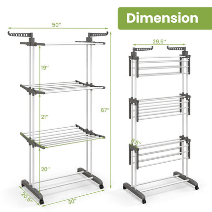 Dreamade Foldable Clothes Drying Rack, Oversized 4-Tier Collapsible Laundry Rack w/ 3 Retractable Trays